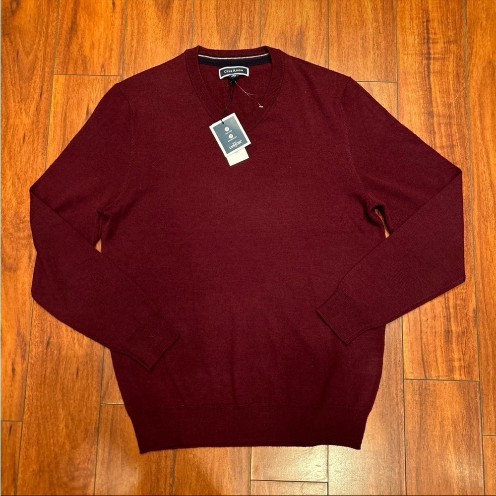NWT Club Room Merino Wool Blend Burgundy Performance V Neck Sweater